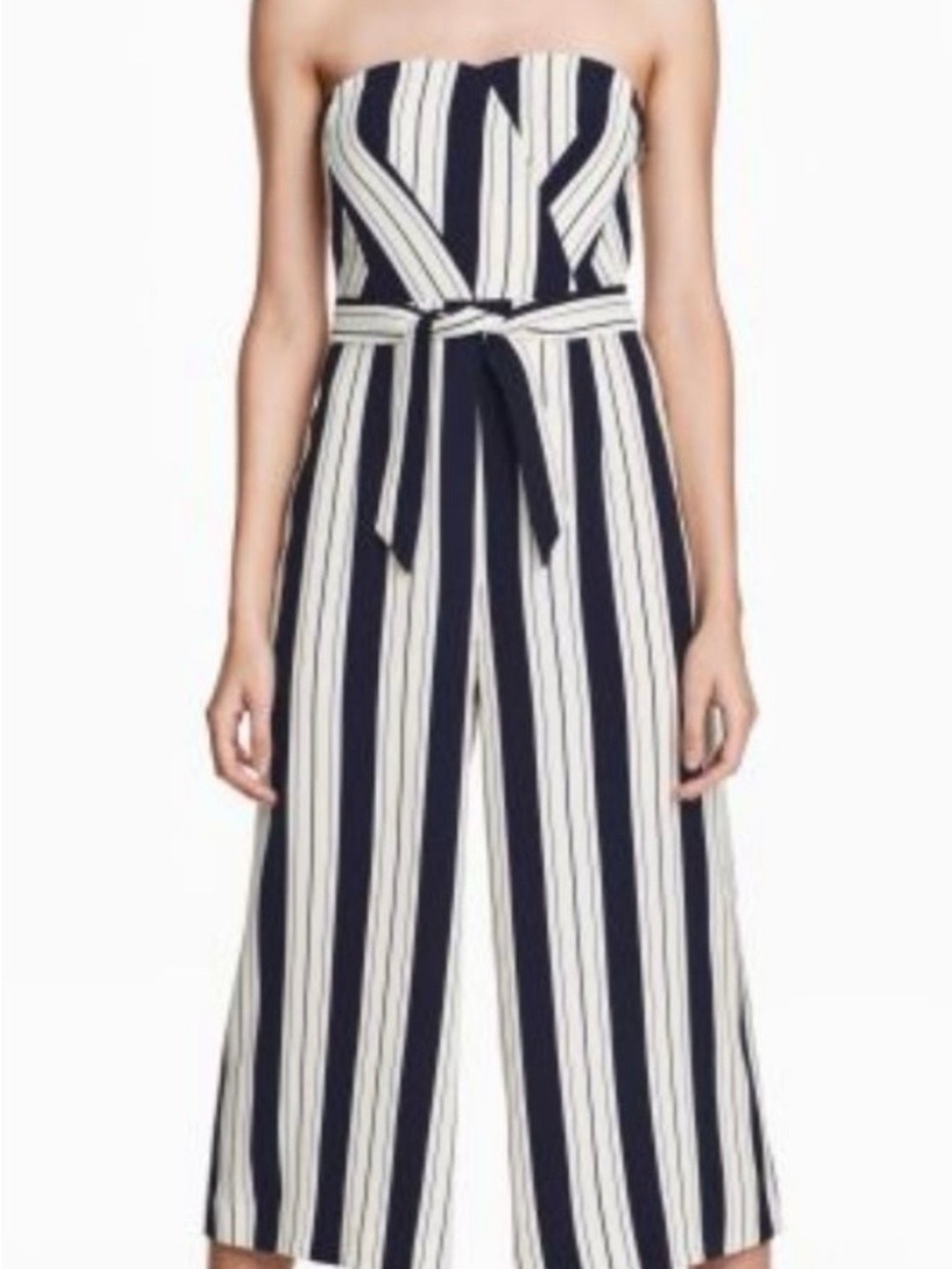 H&M Navy and White Strapless Vertical-Stripe Wide-Leg Jumpsuit